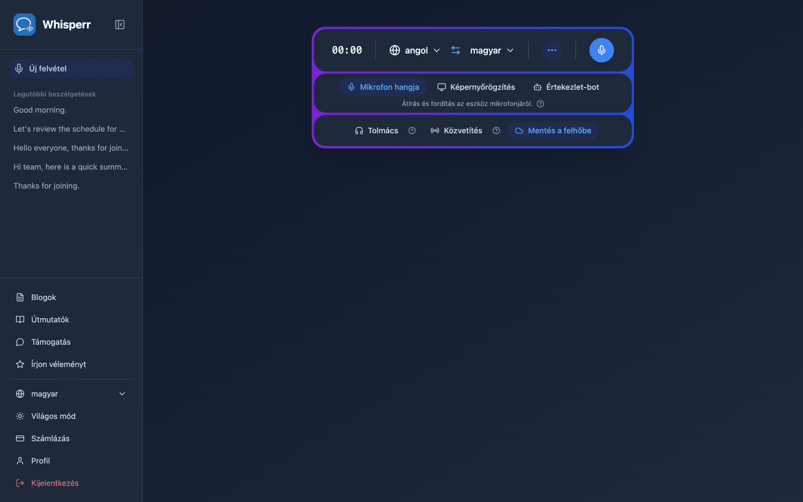 The Whisperr Web App open at app.whisperr.co showing the recording bar