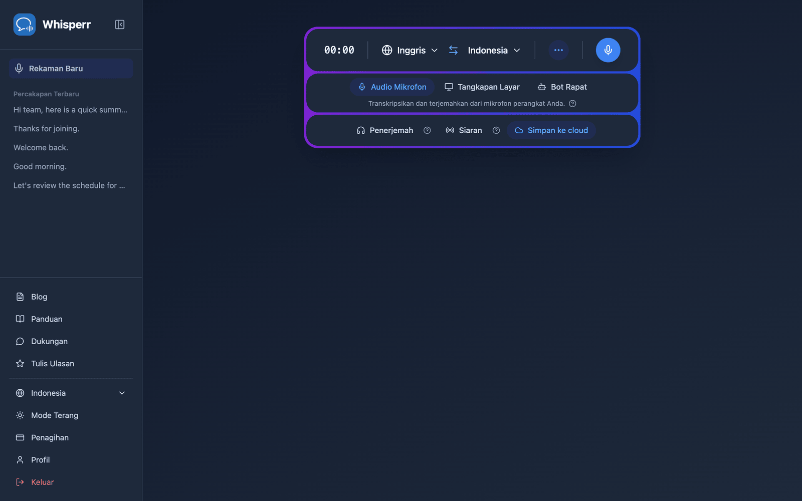The Whisperr Web App open at app.whisperr.co showing the recording bar