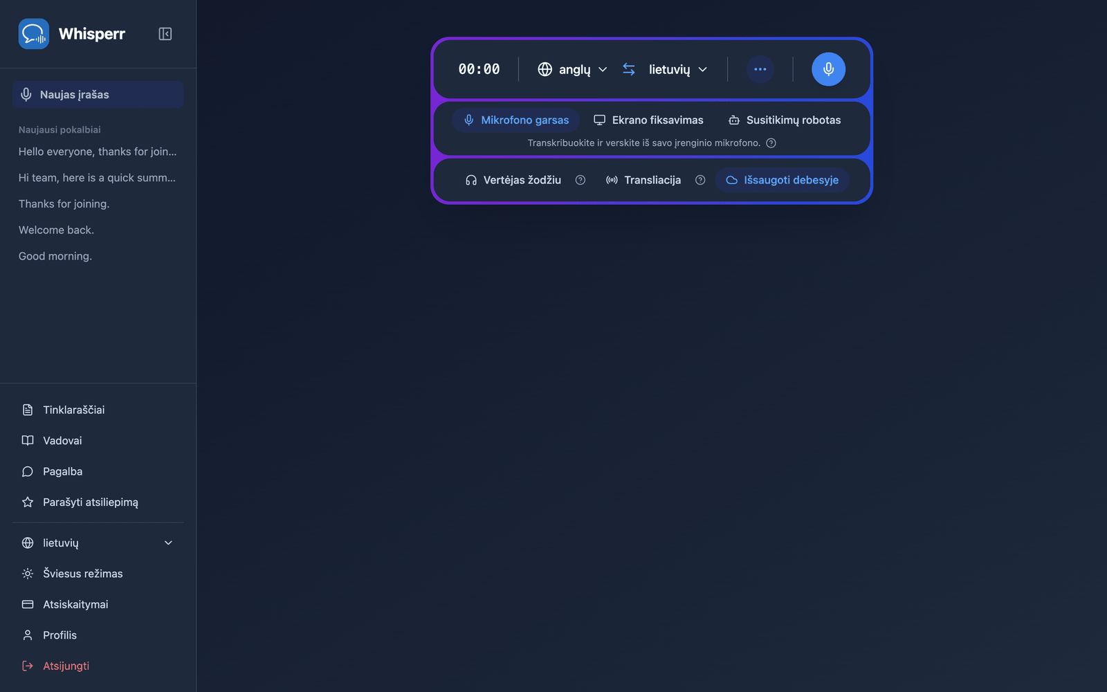 The Whisperr Web App open at app.whisperr.co showing the recording bar