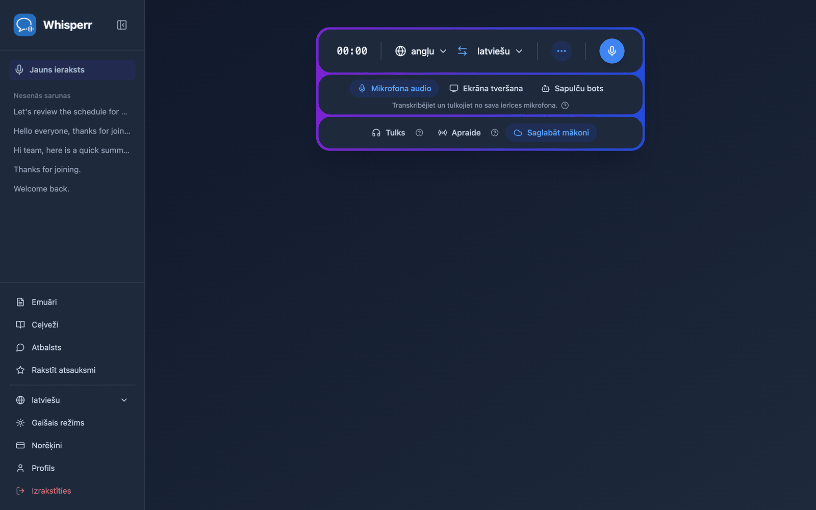 The Whisperr Web App open at app.whisperr.co showing the recording bar