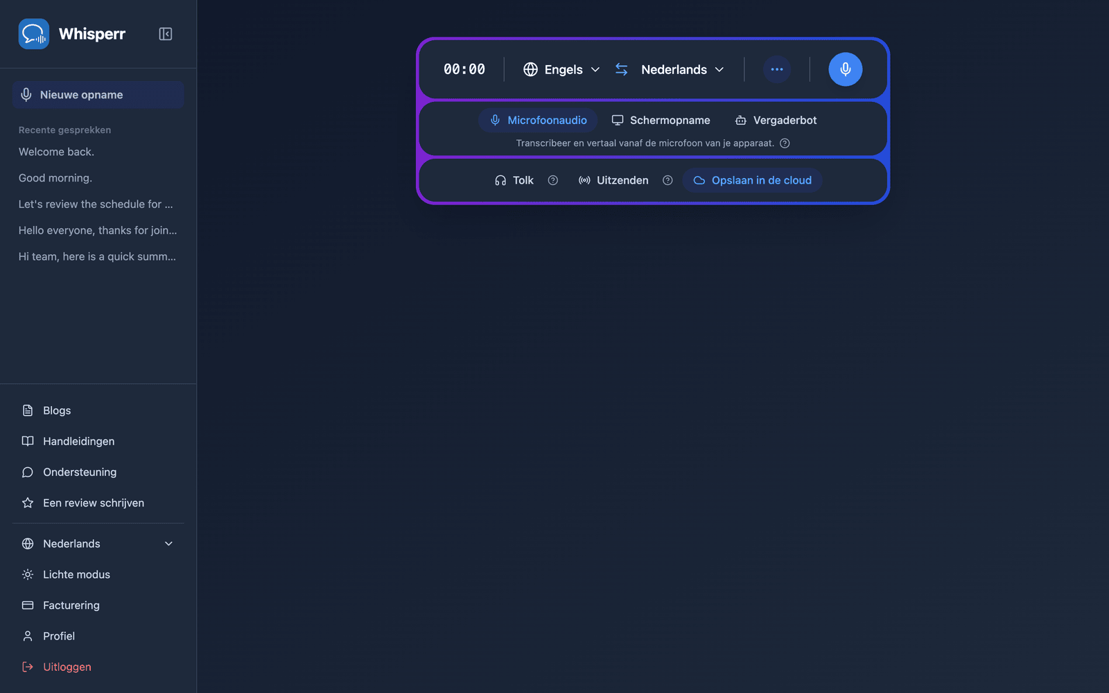 The Whisperr Web App open at app.whisperr.co showing the recording bar