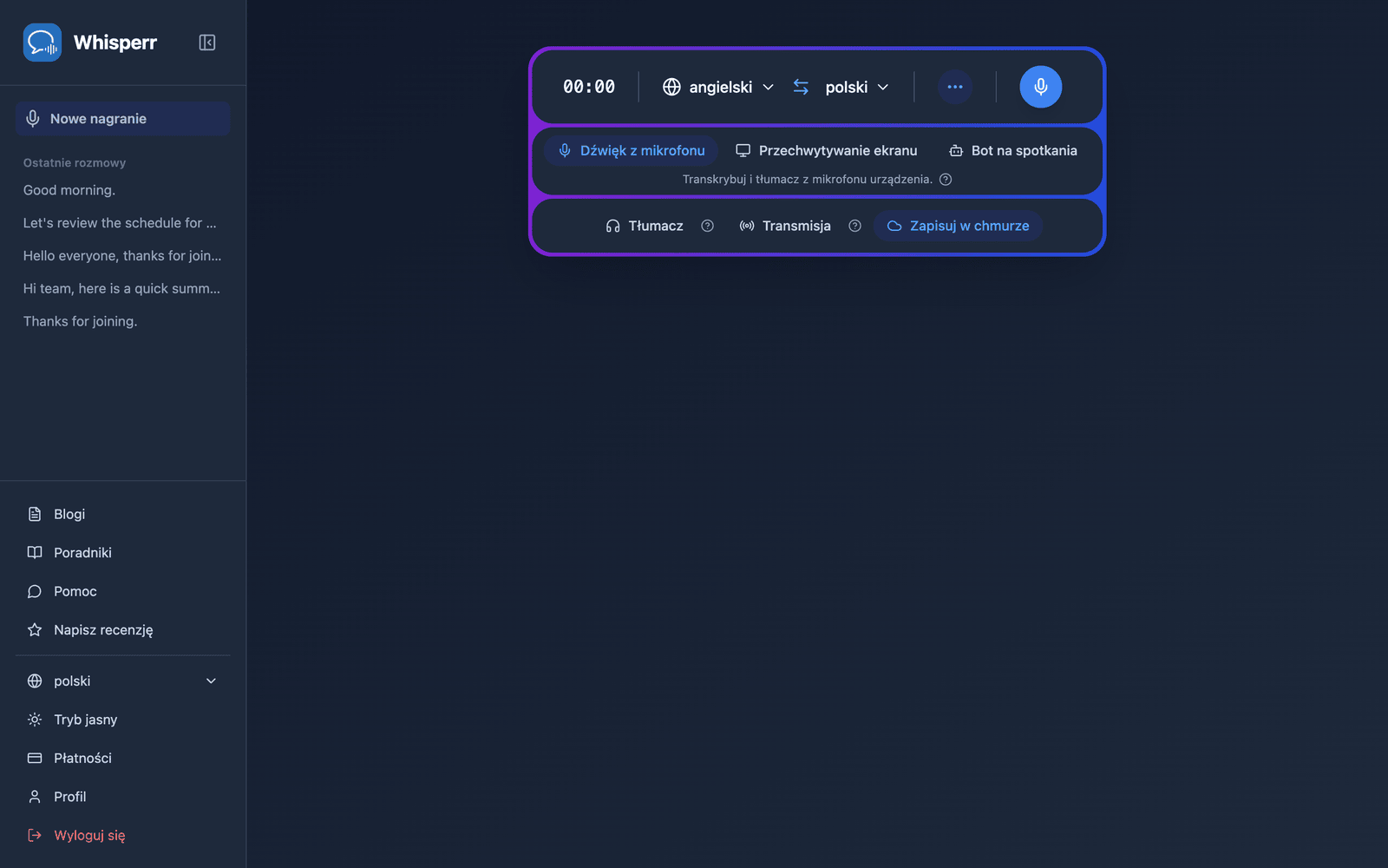 The Whisperr Web App open at app.whisperr.co showing the recording bar