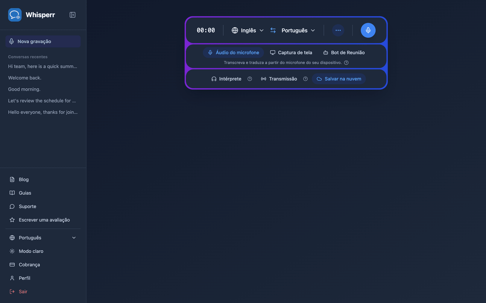 The Whisperr Web App open at app.whisperr.co showing the recording bar