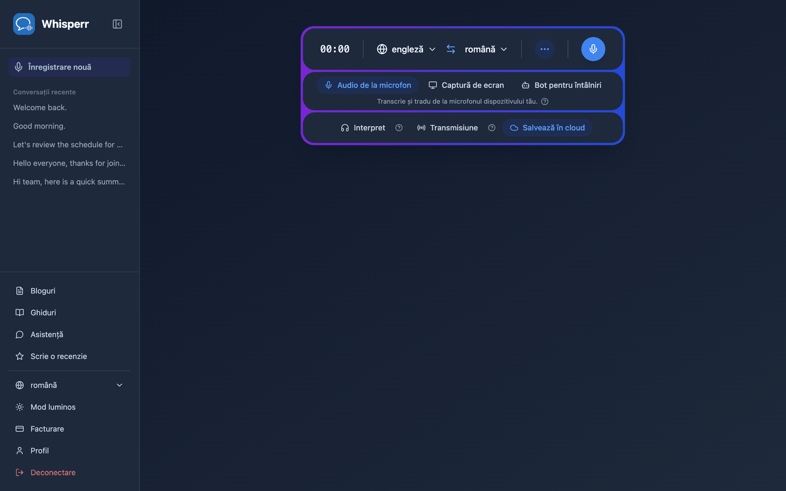The Whisperr Web App open at app.whisperr.co showing the recording bar
