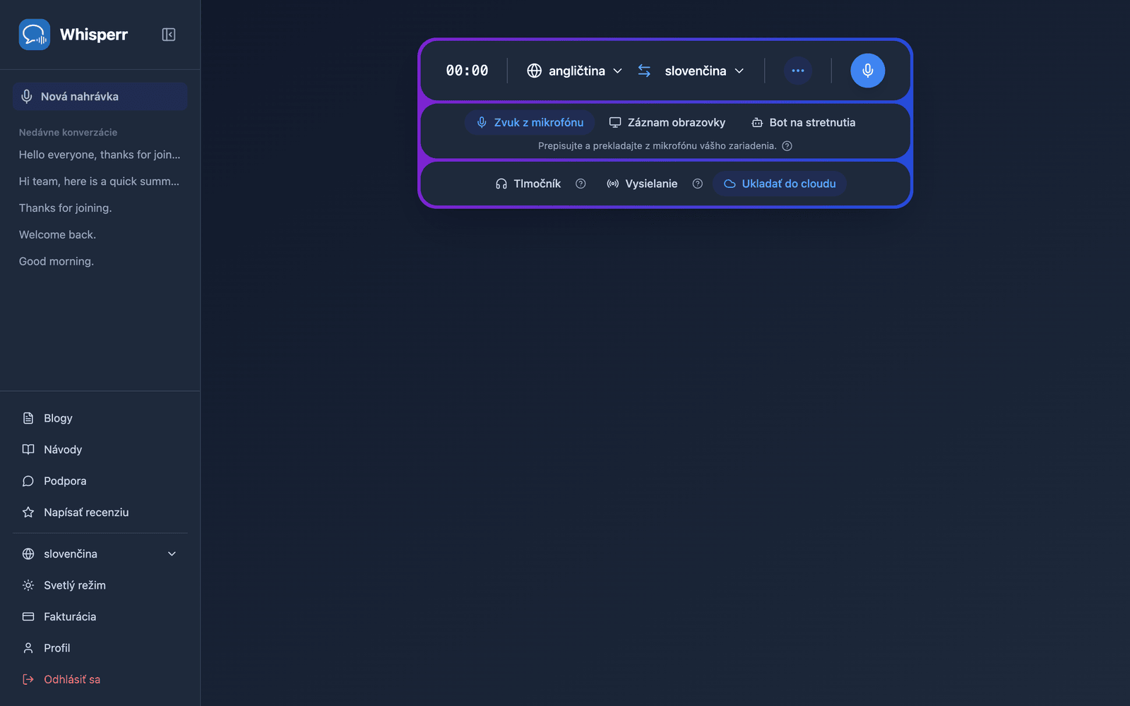 The Whisperr Web App open at app.whisperr.co showing the recording bar