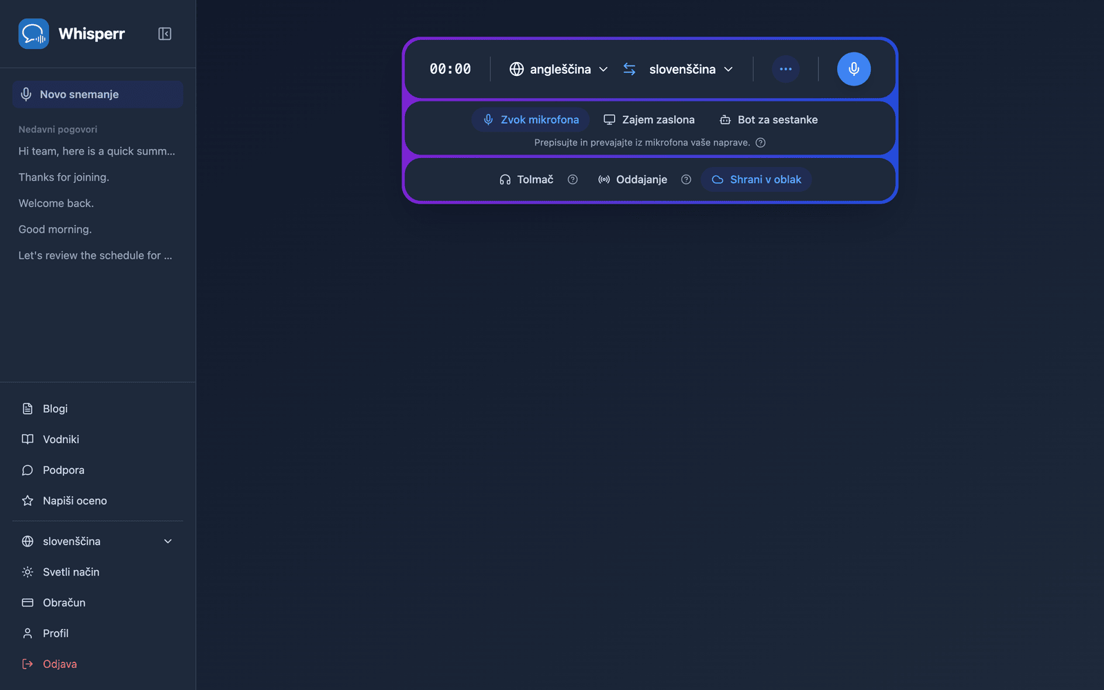 The Whisperr Web App open at app.whisperr.co showing the recording bar