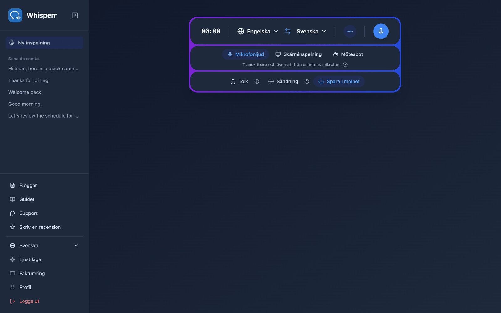 The Whisperr Web App open at app.whisperr.co showing the recording bar