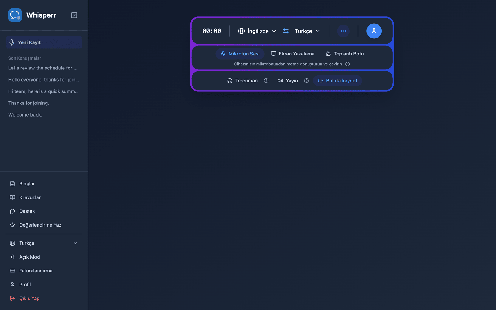 The Whisperr Web App open at app.whisperr.co showing the recording bar
