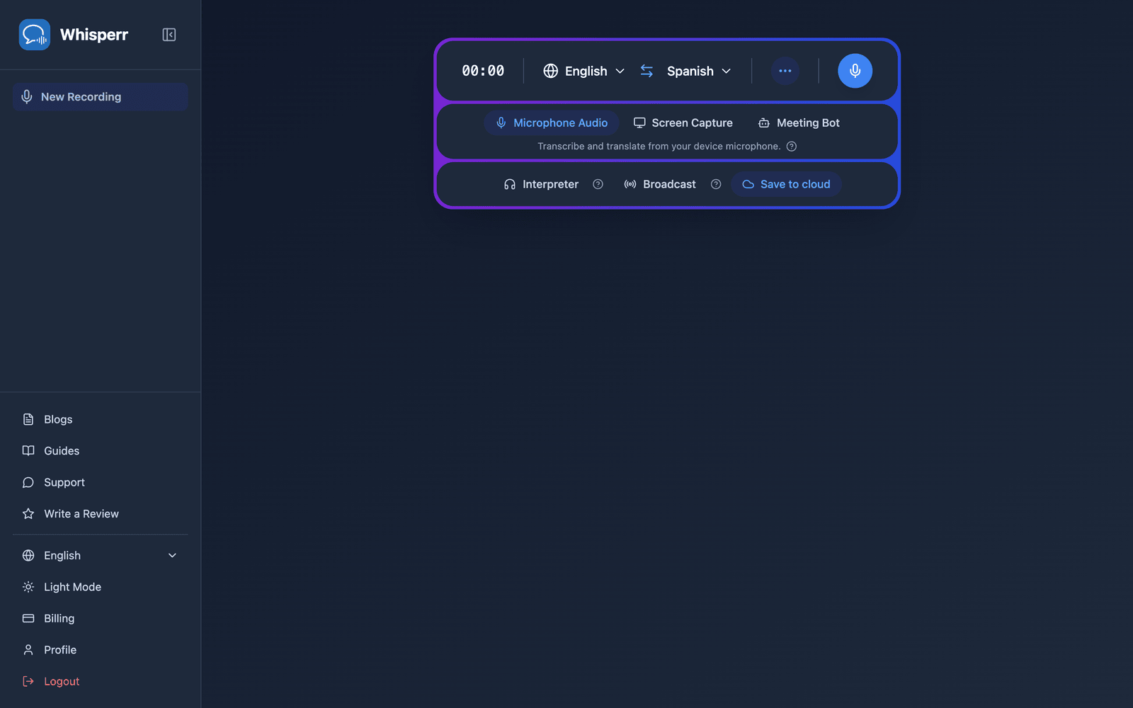 The Whisperr Web App open at app.whisperr.co showing the recording bar