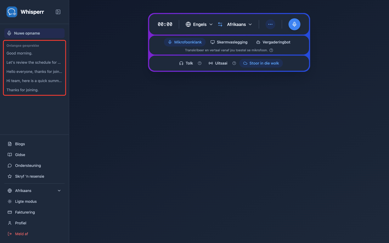A saved conversation listed under Recent Conversations in the Whisperr Web App sidebar