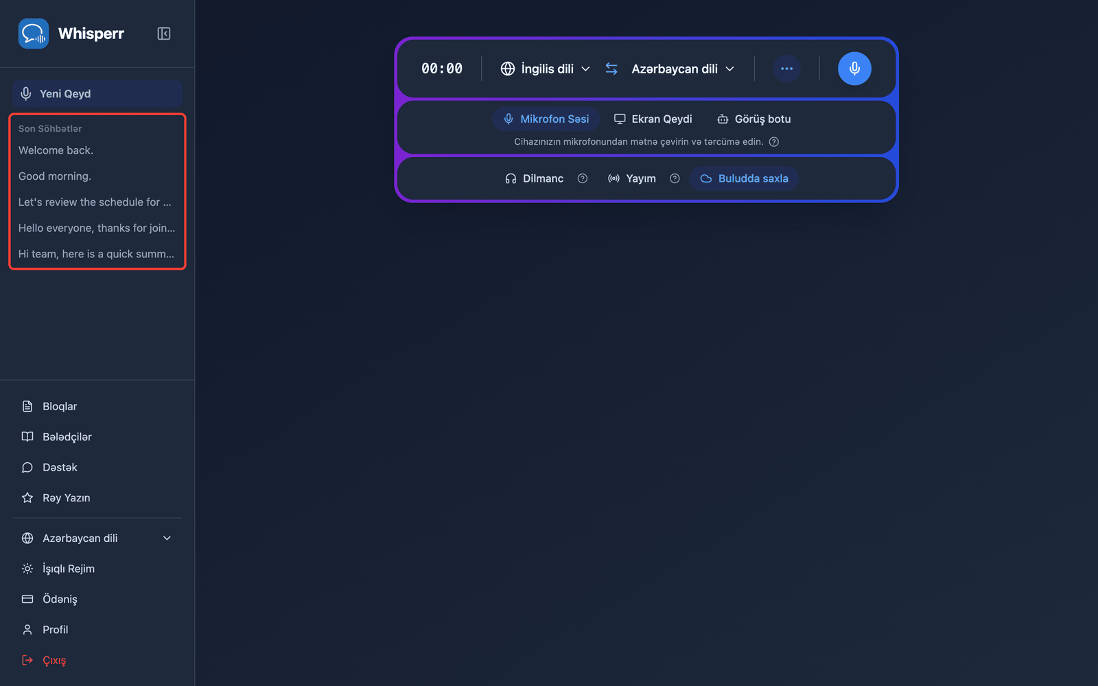 A saved conversation listed under Recent Conversations in the Whisperr Web App sidebar