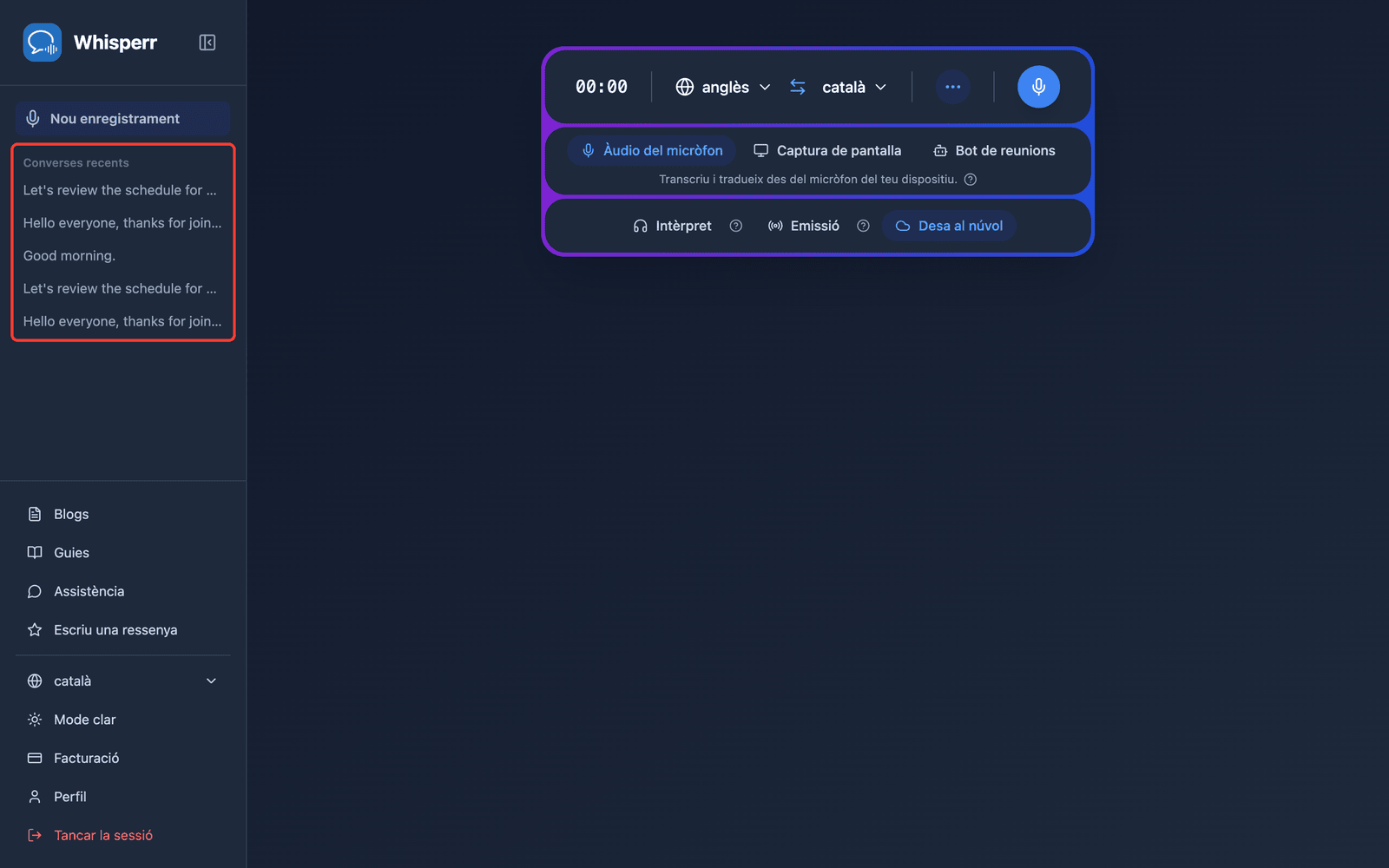 A saved conversation listed under Recent Conversations in the Whisperr Web App sidebar