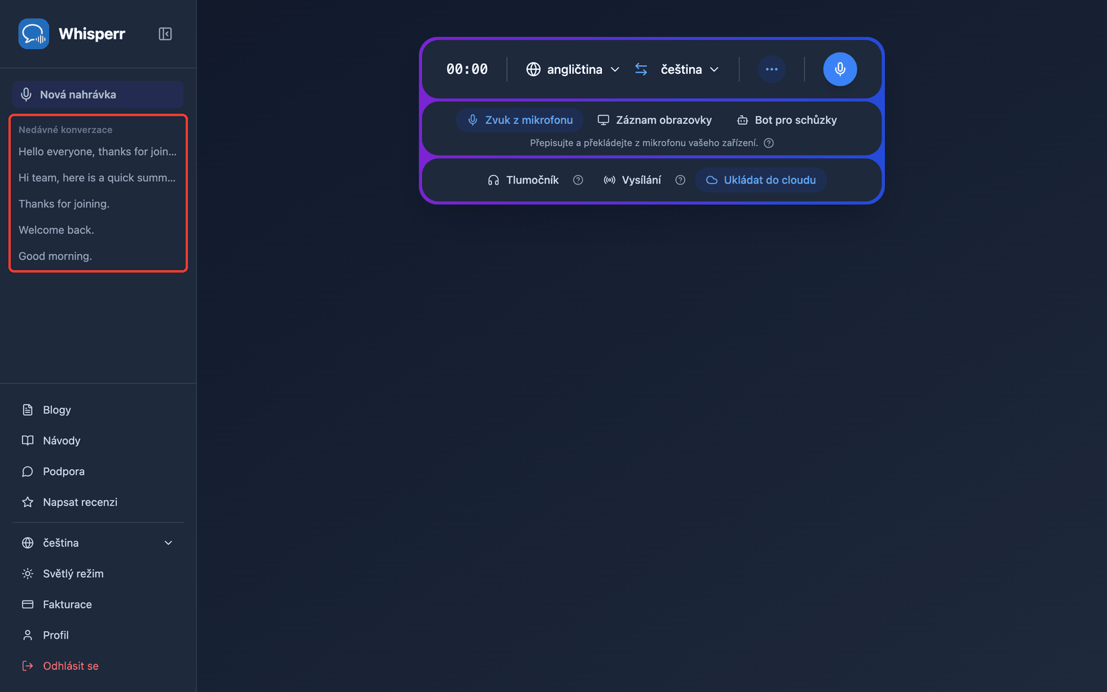 A saved conversation listed under Recent Conversations in the Whisperr Web App sidebar