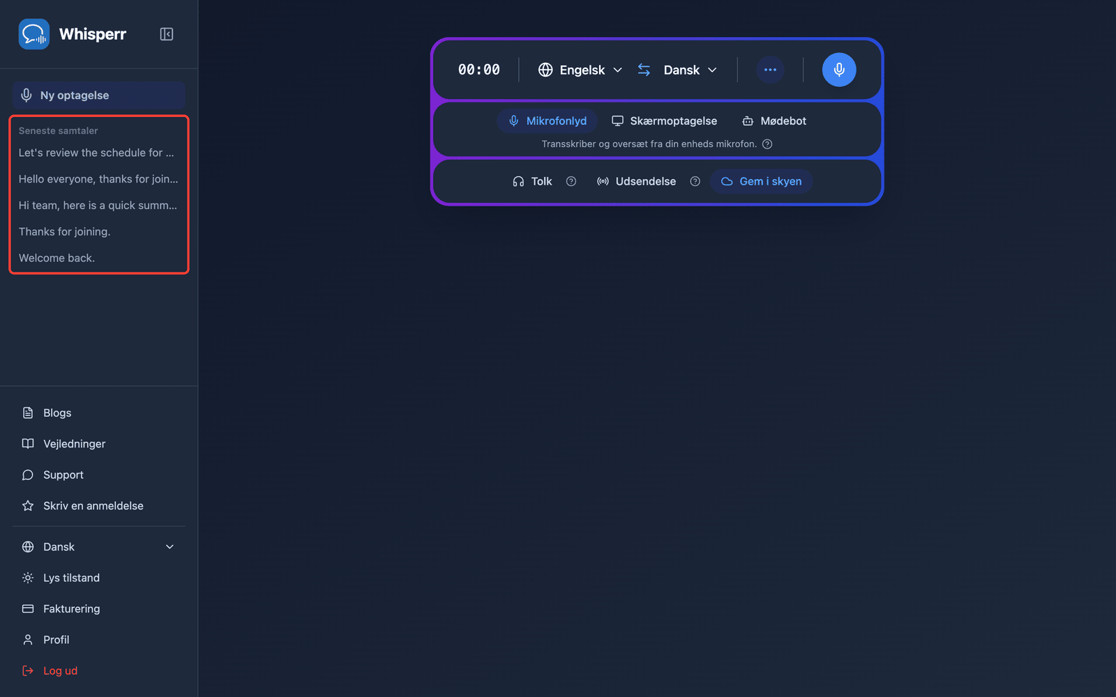 A saved conversation listed under Recent Conversations in the Whisperr Web App sidebar