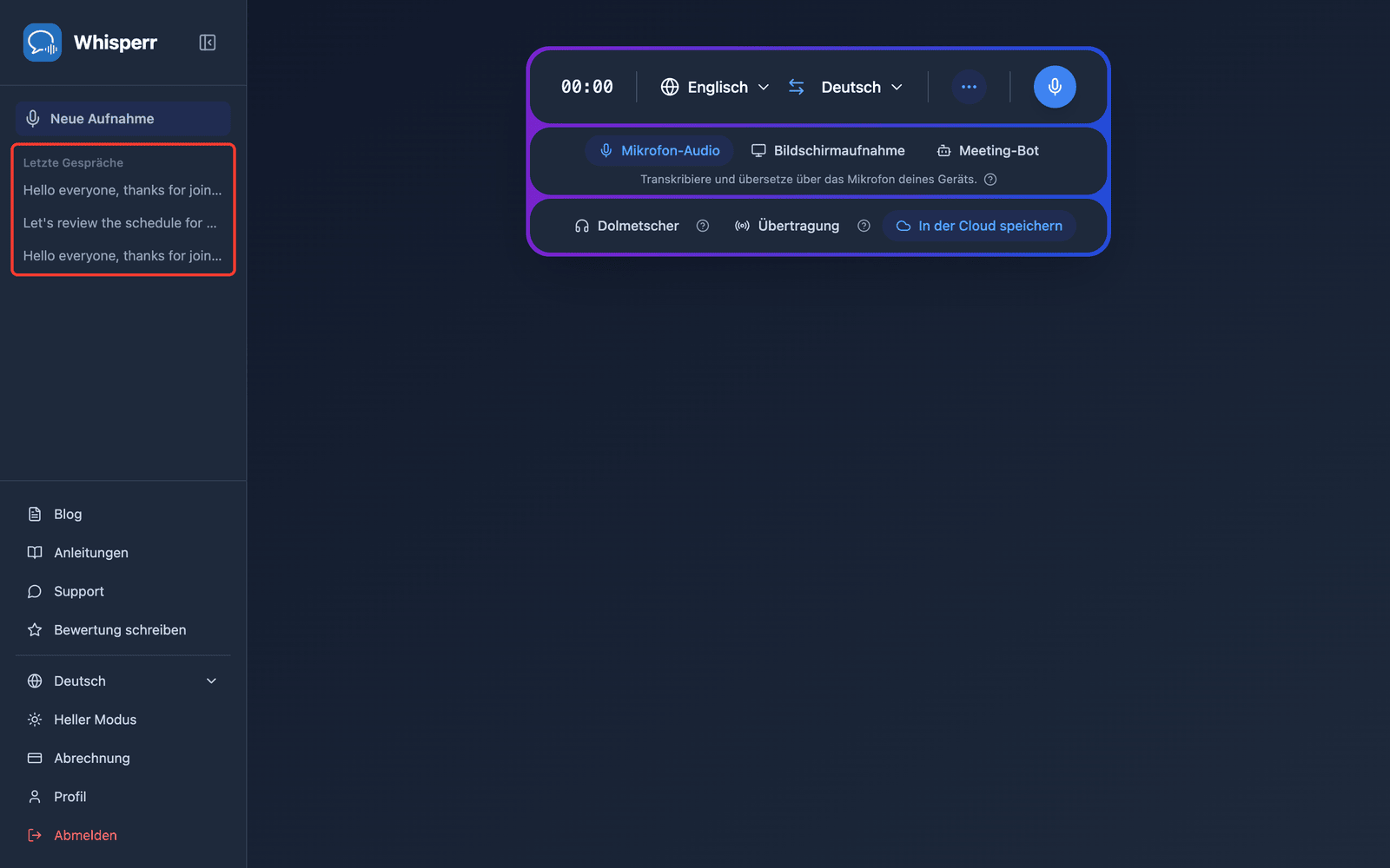 A saved conversation listed under Recent Conversations in the Whisperr Web App sidebar