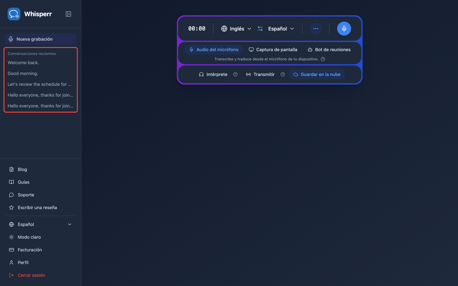 A saved conversation listed under Recent Conversations in the Whisperr Web App sidebar