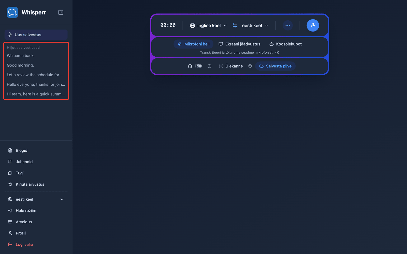 A saved conversation listed under Recent Conversations in the Whisperr Web App sidebar