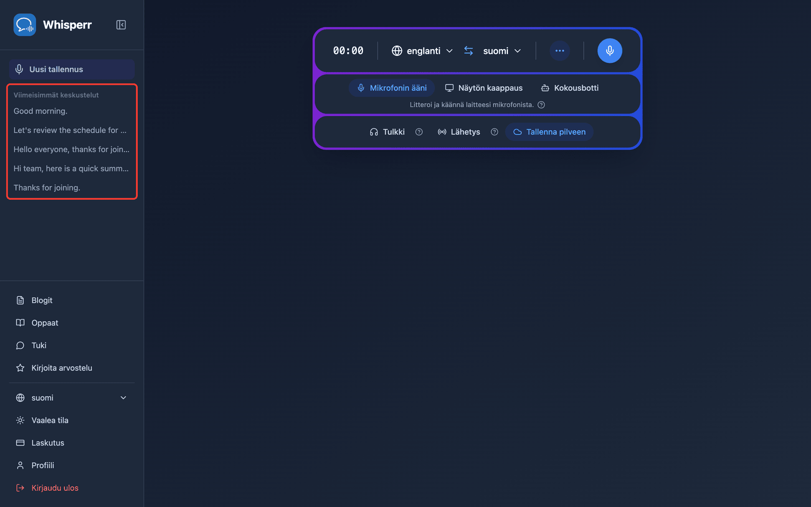 A saved conversation listed under Recent Conversations in the Whisperr Web App sidebar