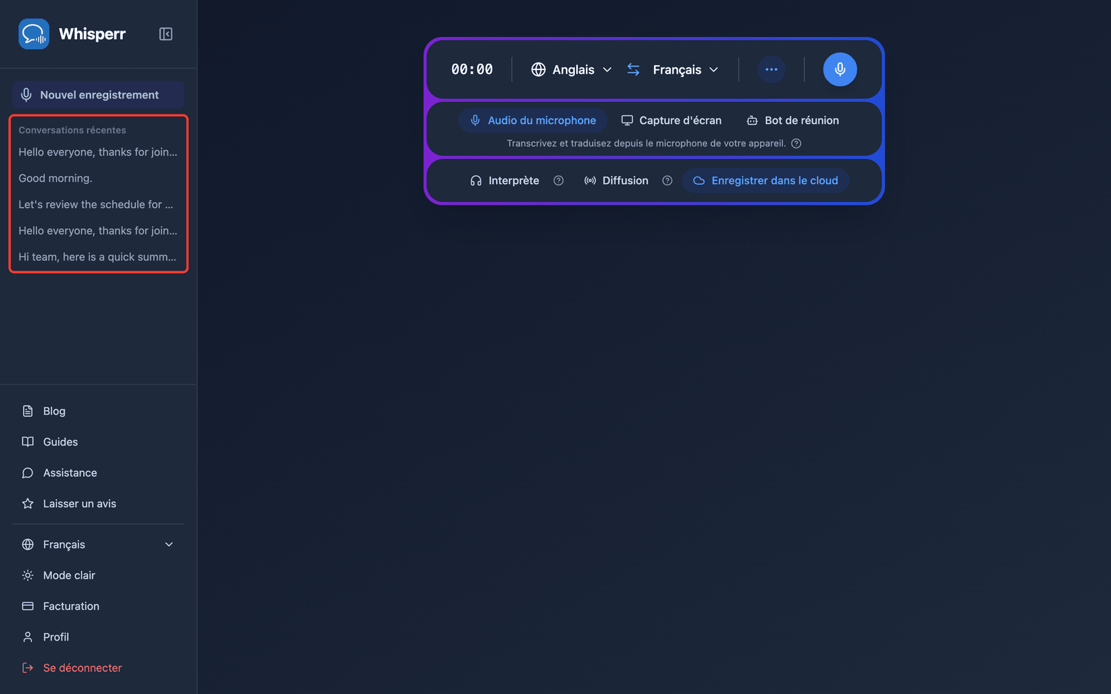 A saved conversation listed under Recent Conversations in the Whisperr Web App sidebar