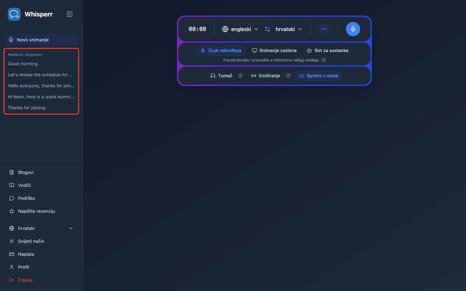 A saved conversation listed under Recent Conversations in the Whisperr Web App sidebar