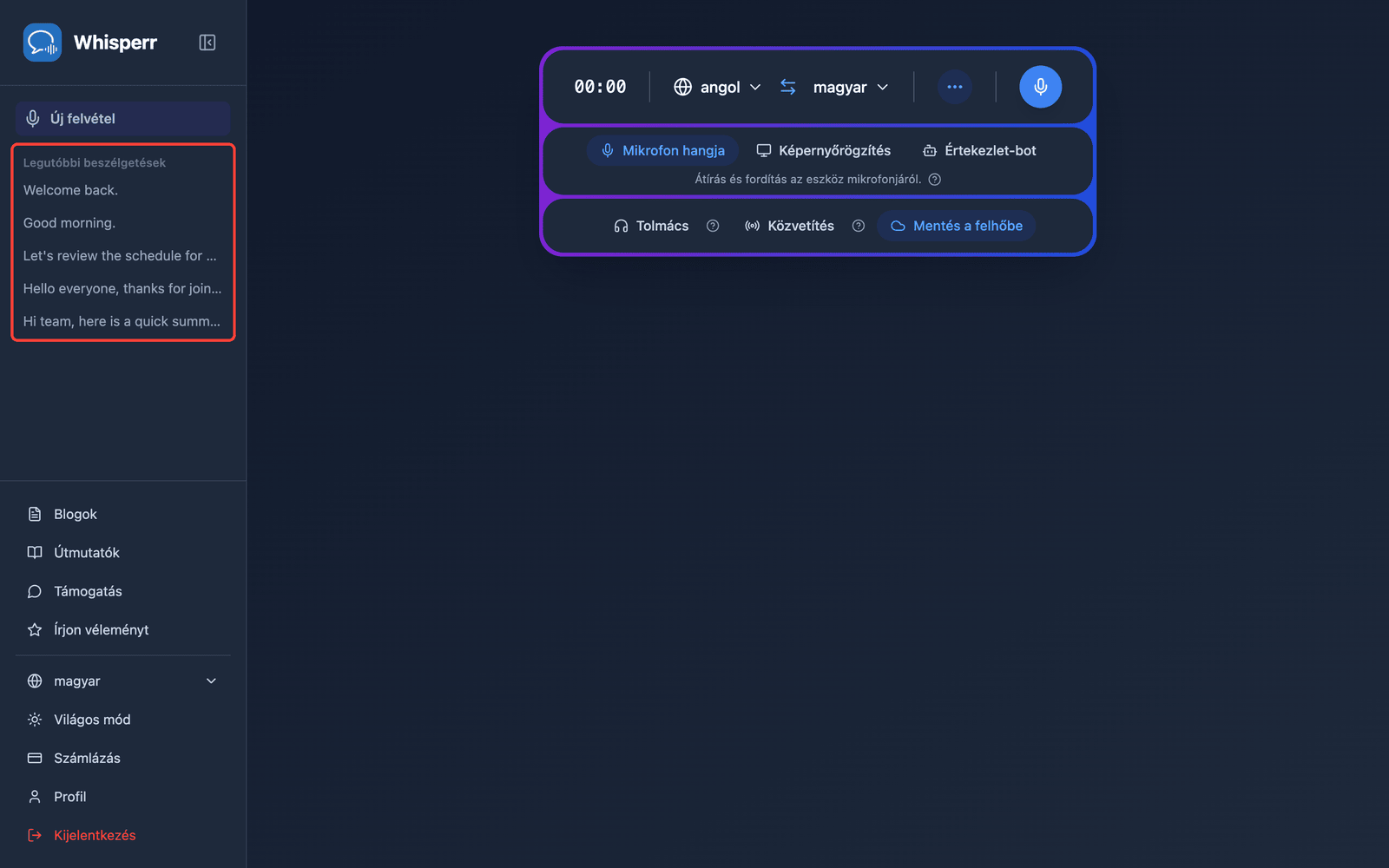 A saved conversation listed under Recent Conversations in the Whisperr Web App sidebar
