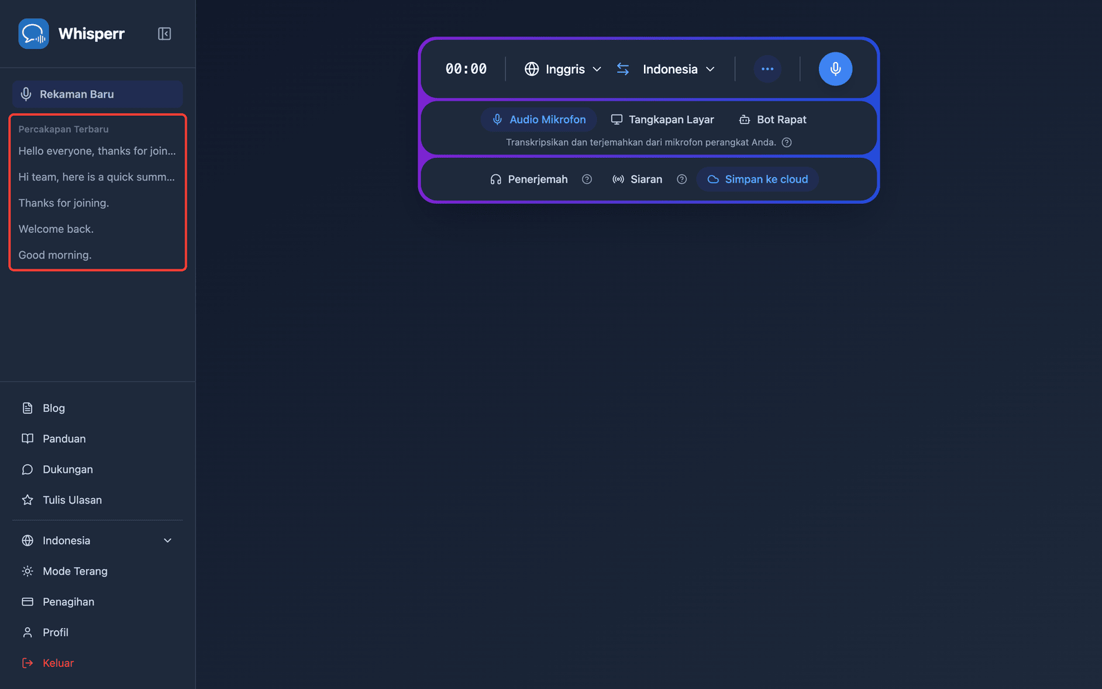 A saved conversation listed under Recent Conversations in the Whisperr Web App sidebar