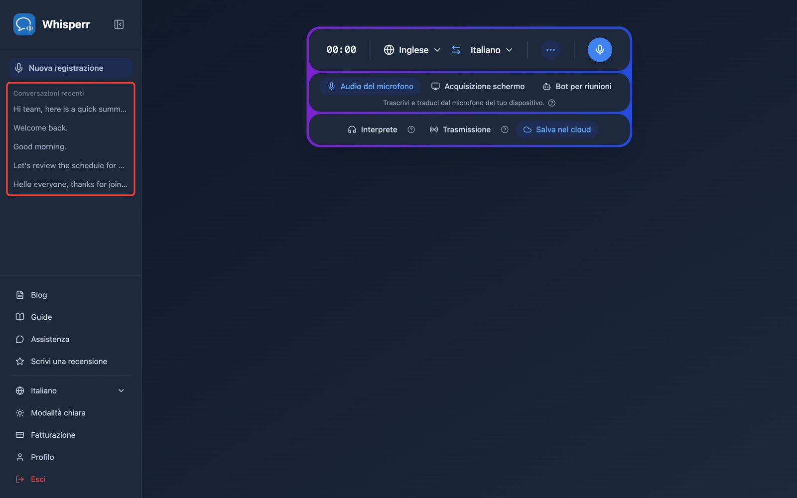 A saved conversation listed under Recent Conversations in the Whisperr Web App sidebar