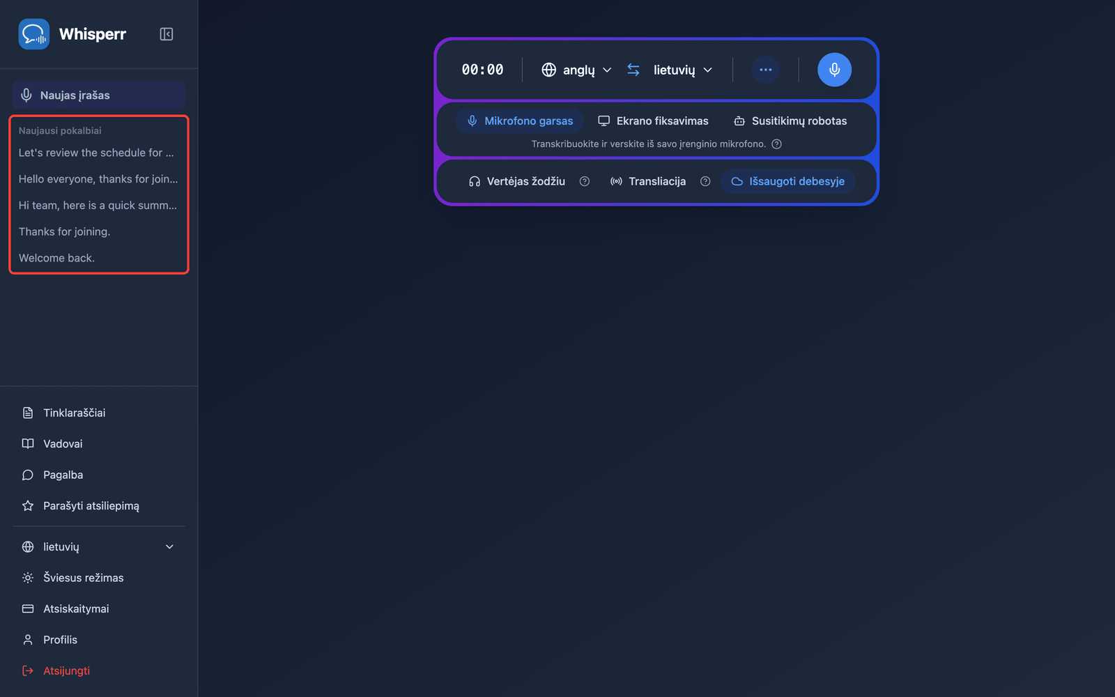 A saved conversation listed under Recent Conversations in the Whisperr Web App sidebar