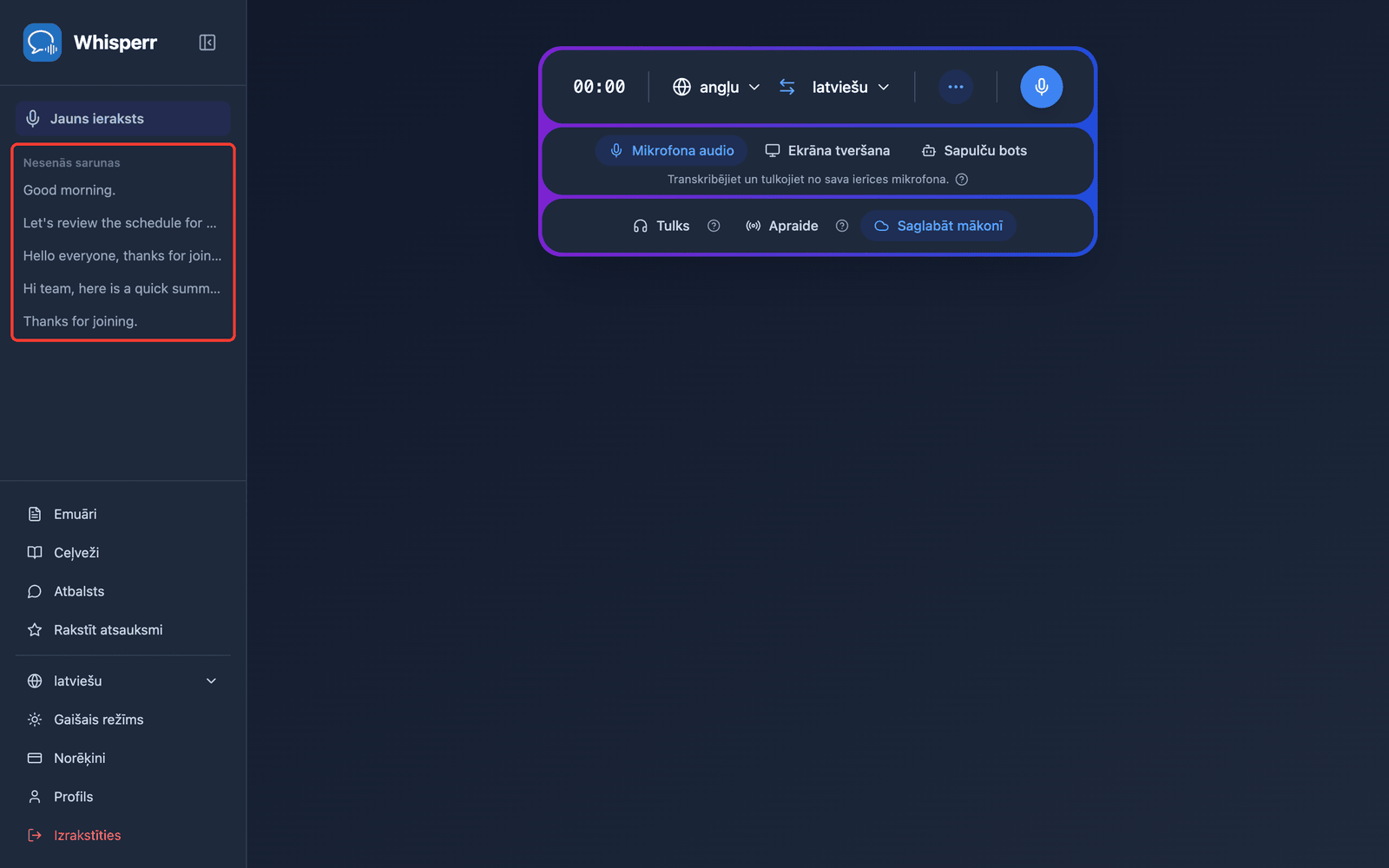 A saved conversation listed under Recent Conversations in the Whisperr Web App sidebar