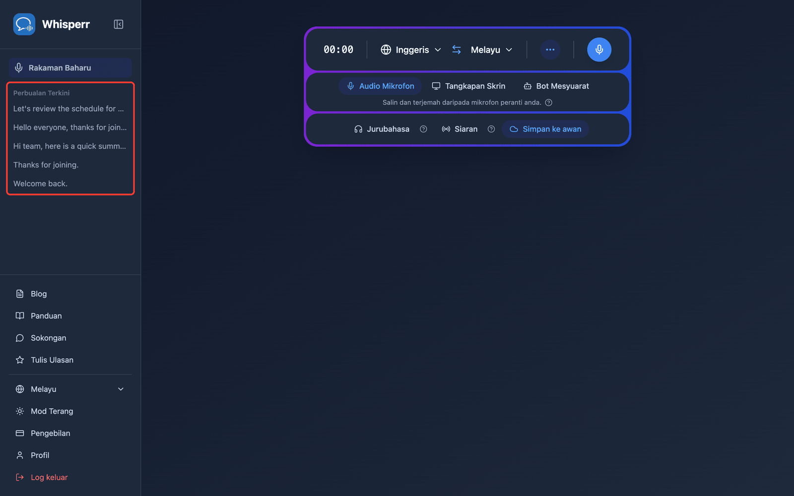 A saved conversation listed under Recent Conversations in the Whisperr Web App sidebar