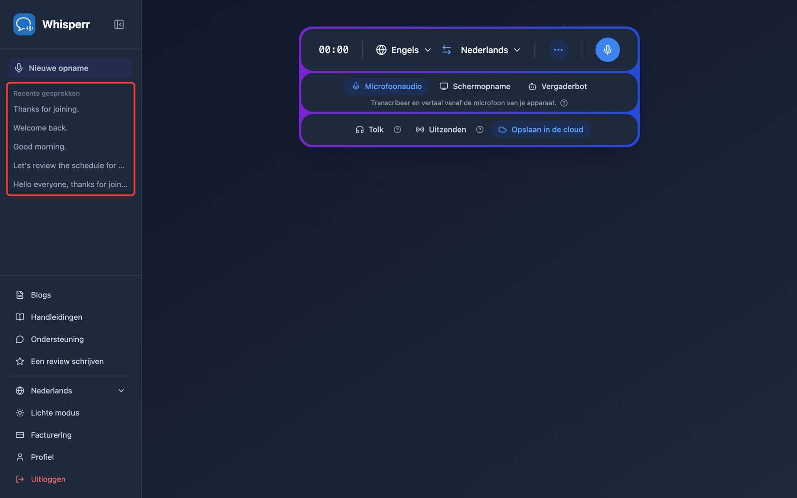 A saved conversation listed under Recent Conversations in the Whisperr Web App sidebar