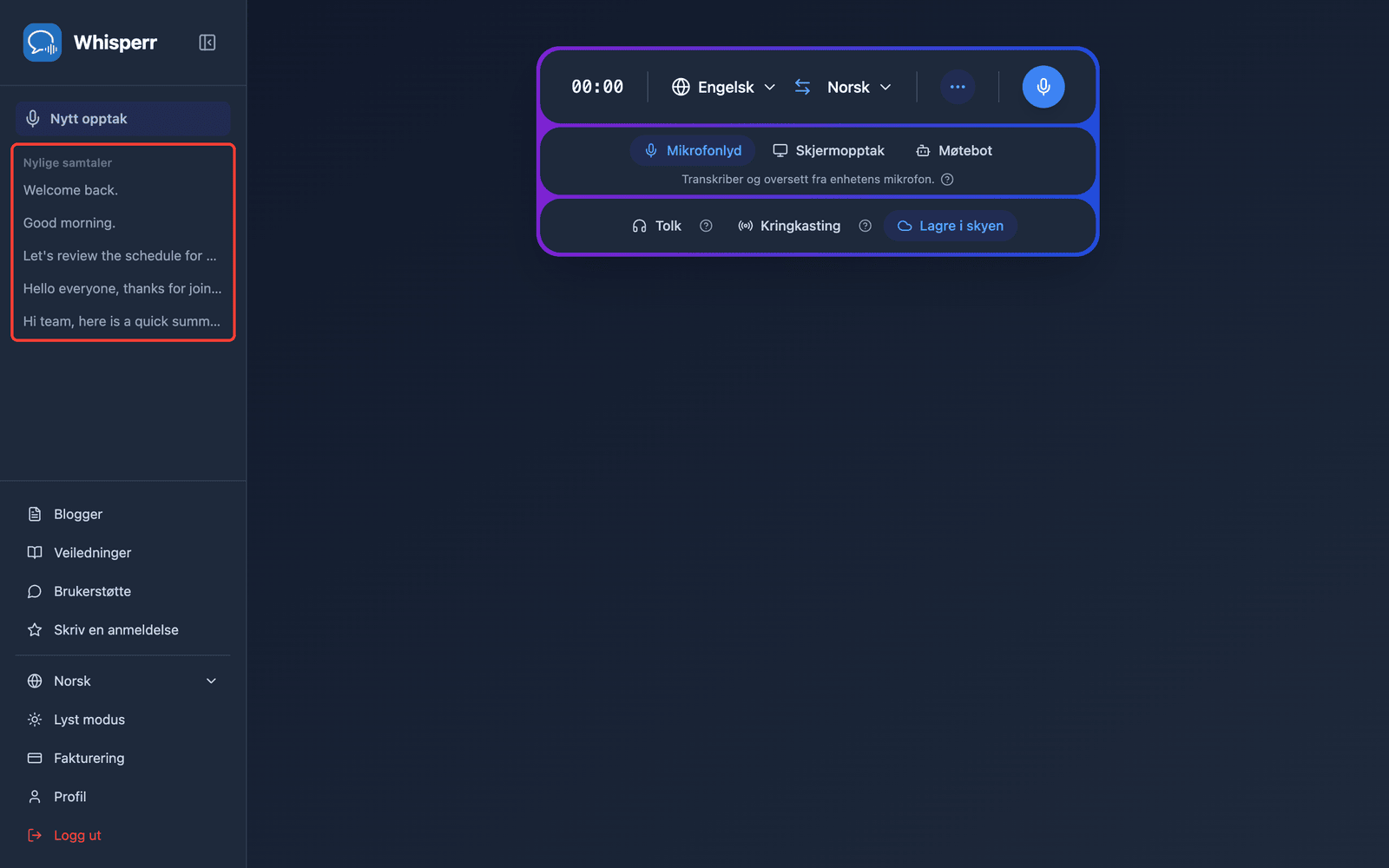 A saved conversation listed under Recent Conversations in the Whisperr Web App sidebar