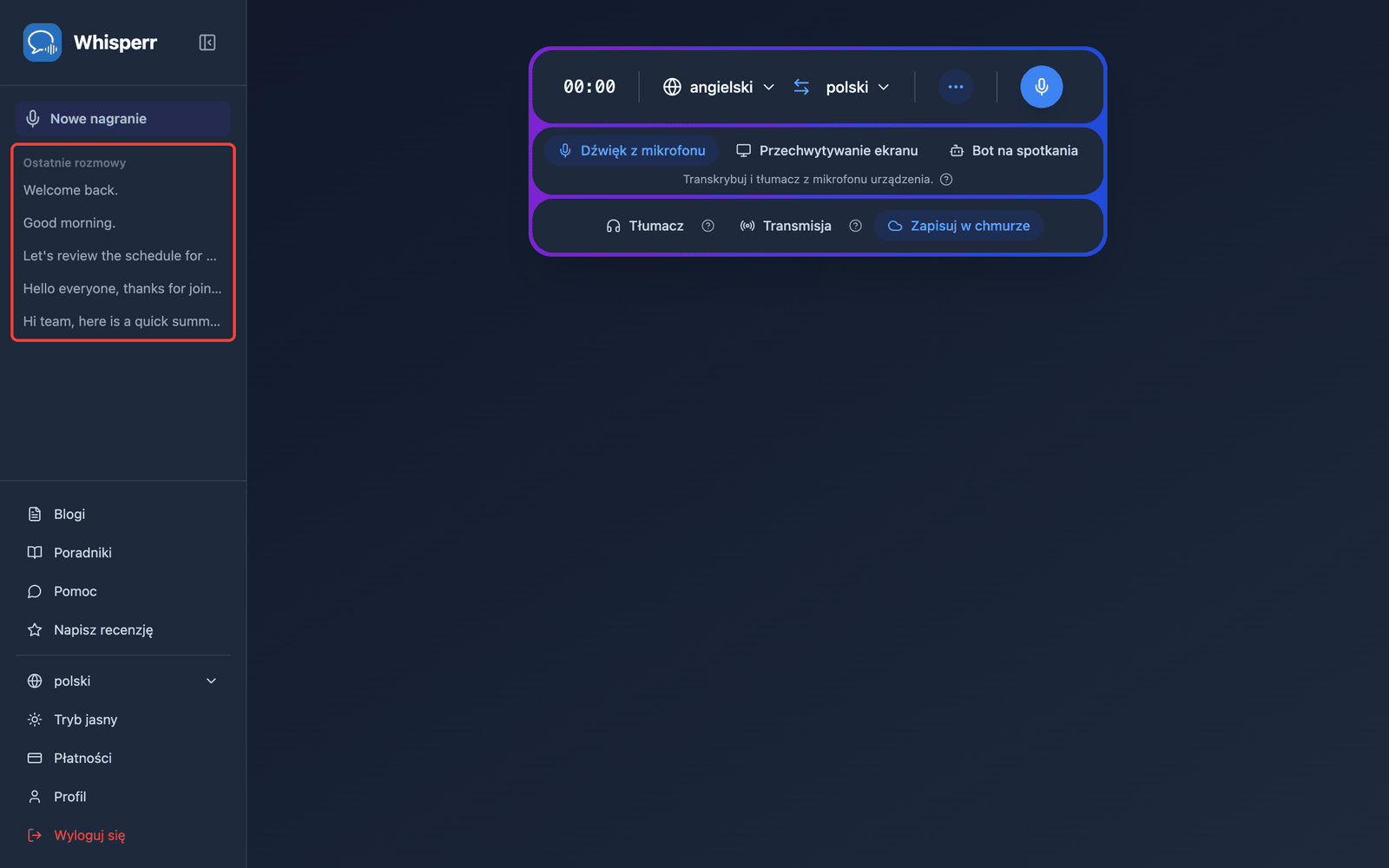 A saved conversation listed under Recent Conversations in the Whisperr Web App sidebar