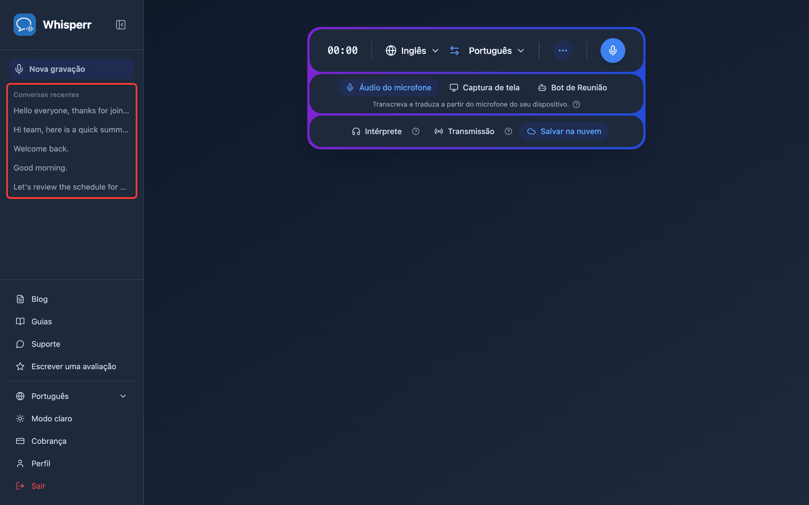 A saved conversation listed under Recent Conversations in the Whisperr Web App sidebar
