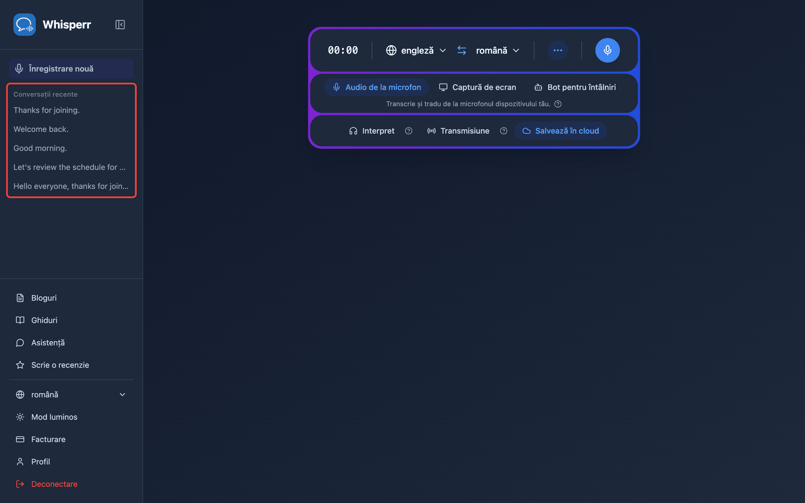 A saved conversation listed under Recent Conversations in the Whisperr Web App sidebar