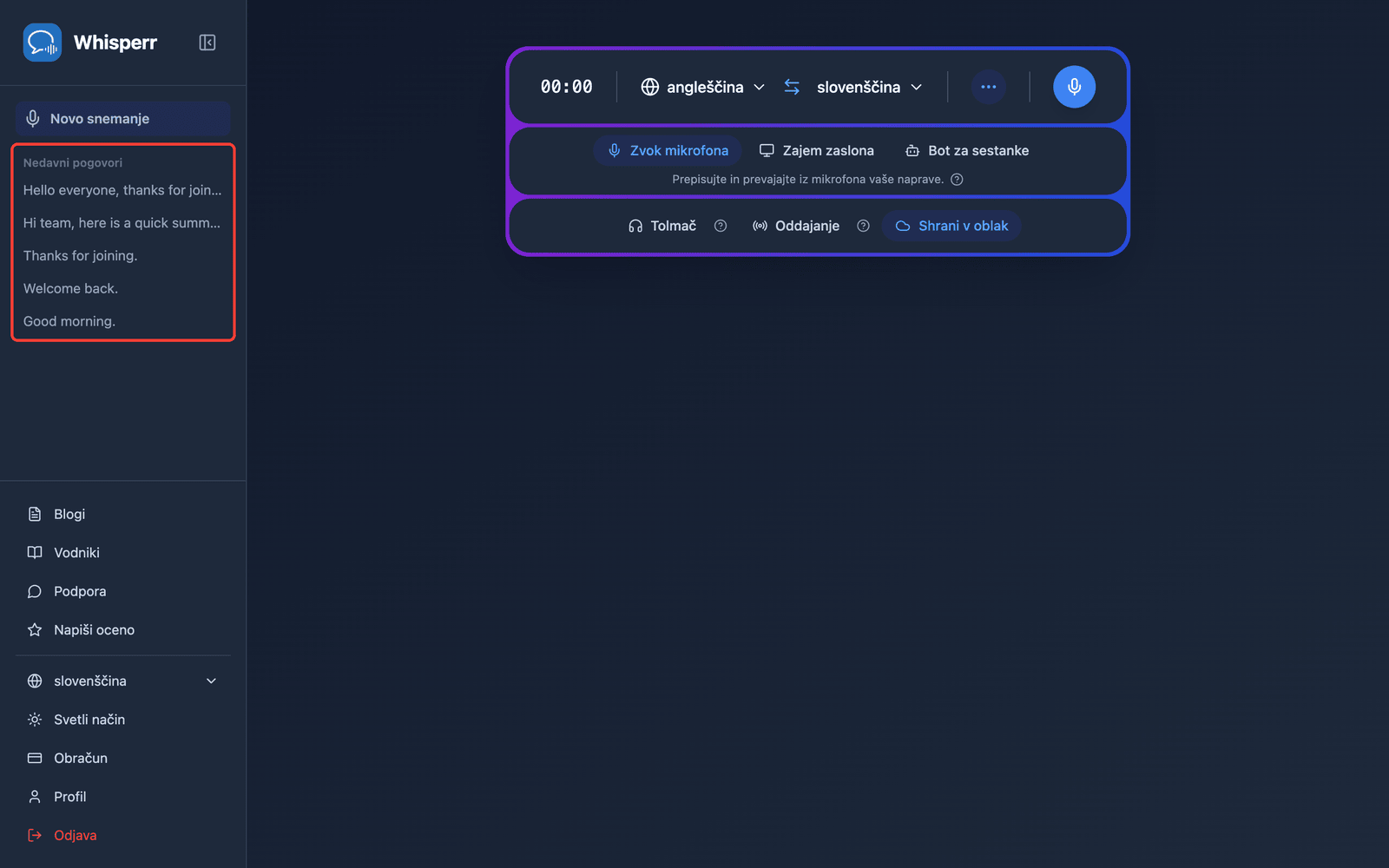 A saved conversation listed under Recent Conversations in the Whisperr Web App sidebar