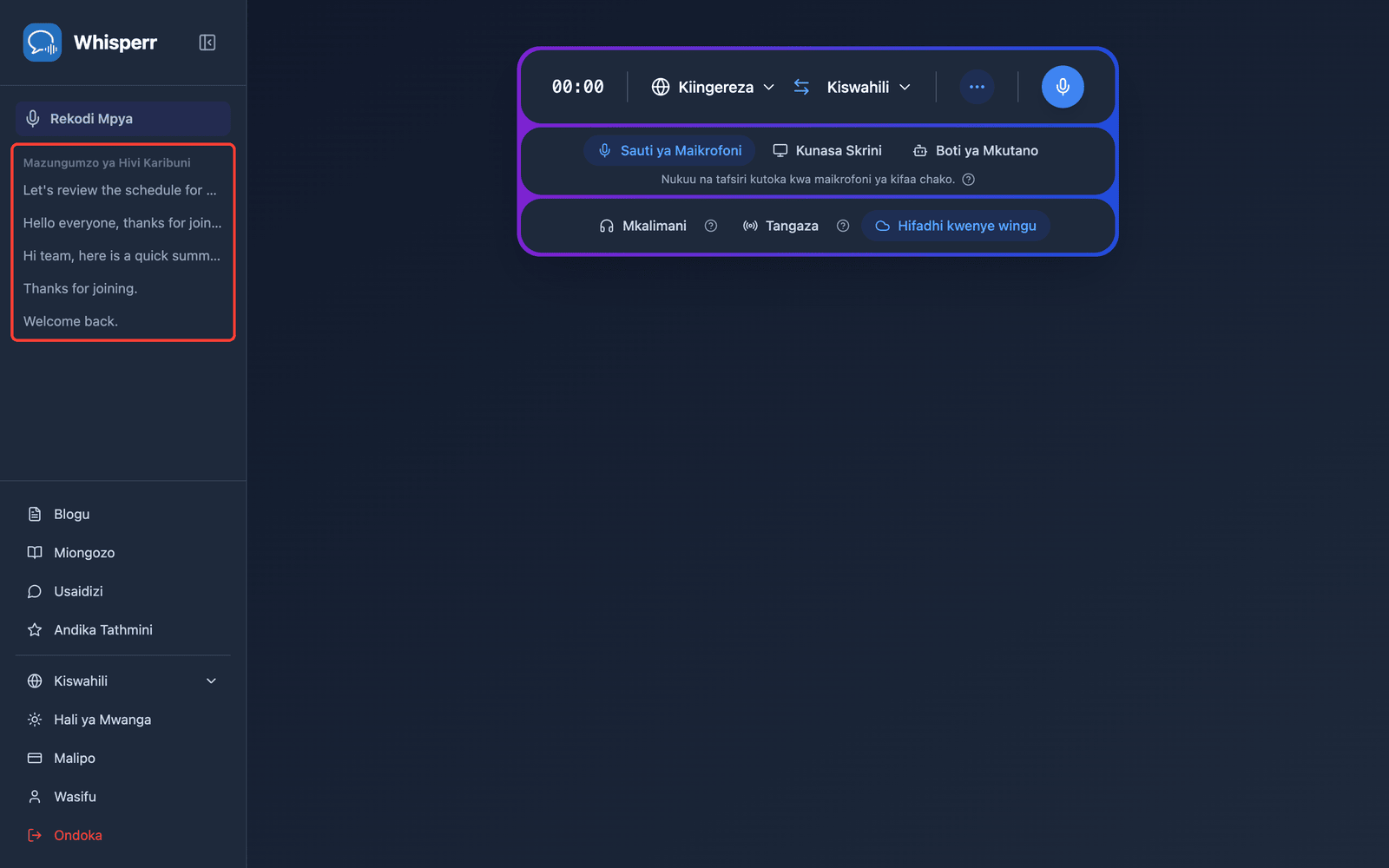 A saved conversation listed under Recent Conversations in the Whisperr Web App sidebar
