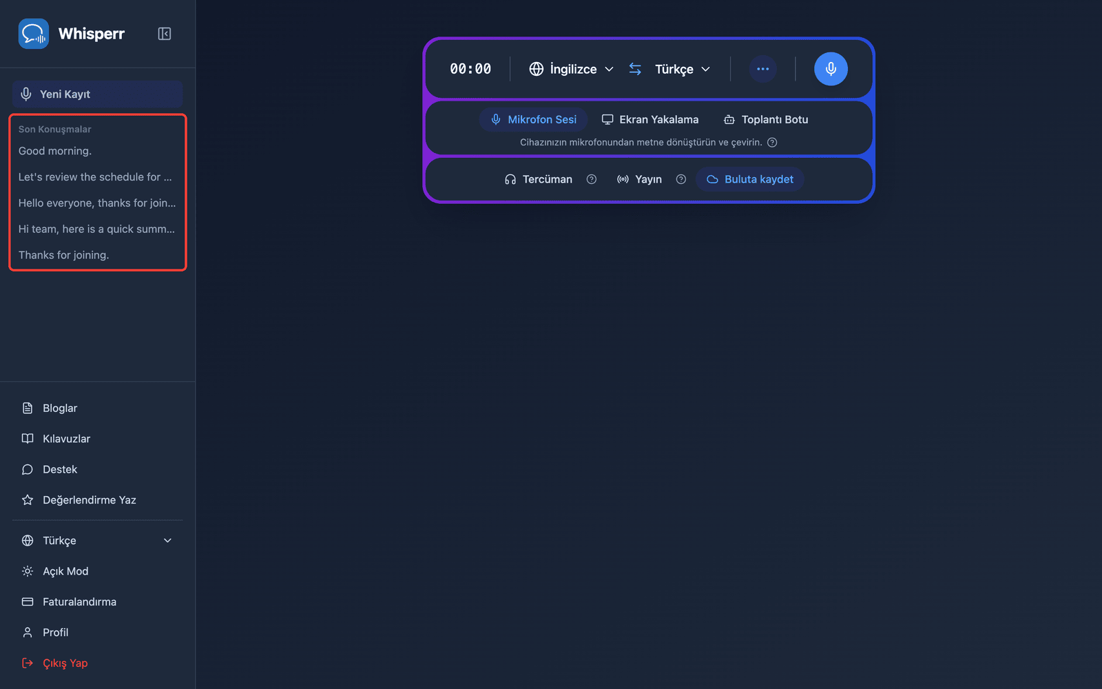 A saved conversation listed under Recent Conversations in the Whisperr Web App sidebar