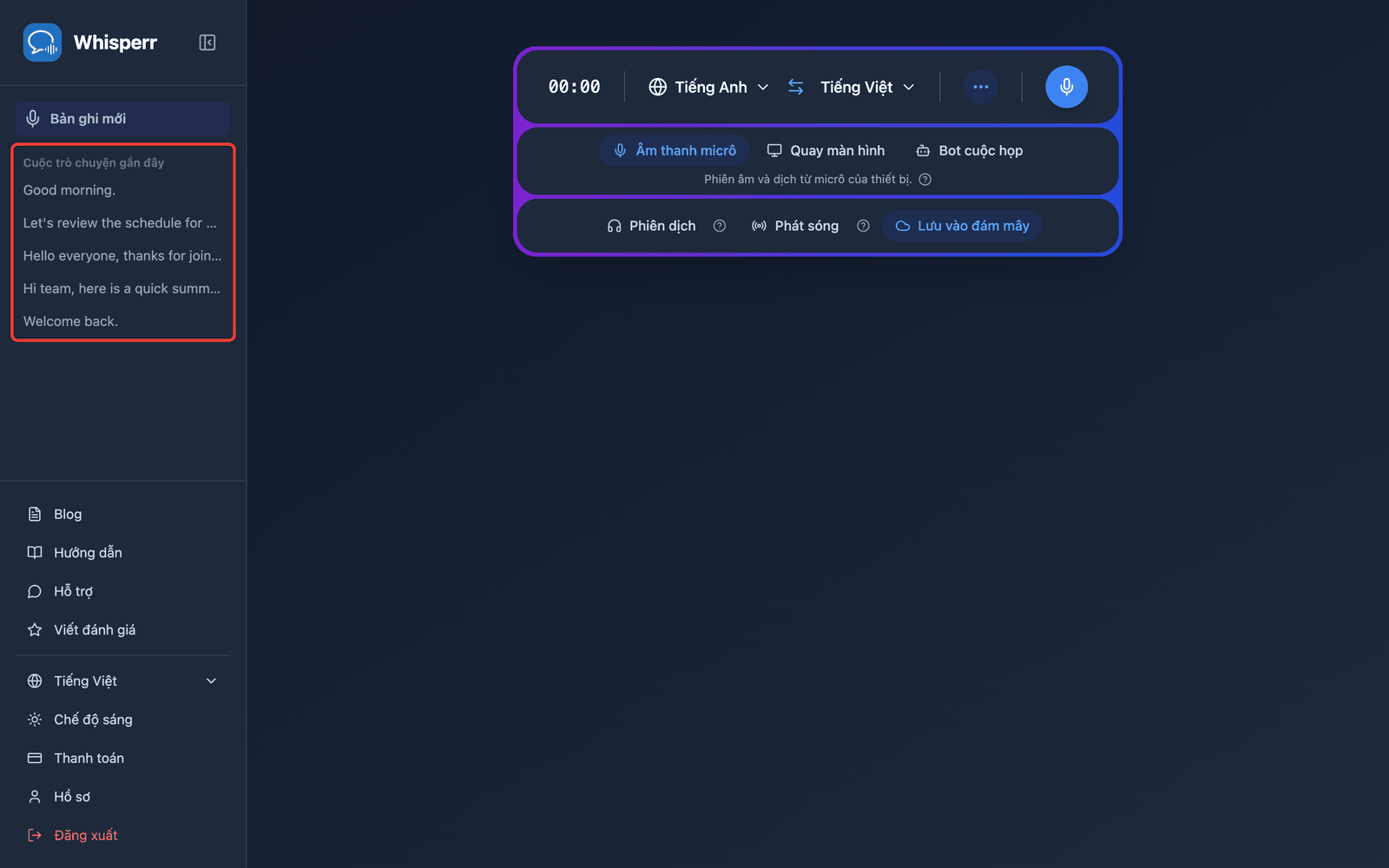 A saved conversation listed under Recent Conversations in the Whisperr Web App sidebar