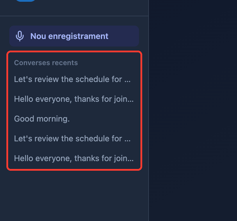 Zoomed view of the Recent Conversations list in the Whisperr Web App sidebar