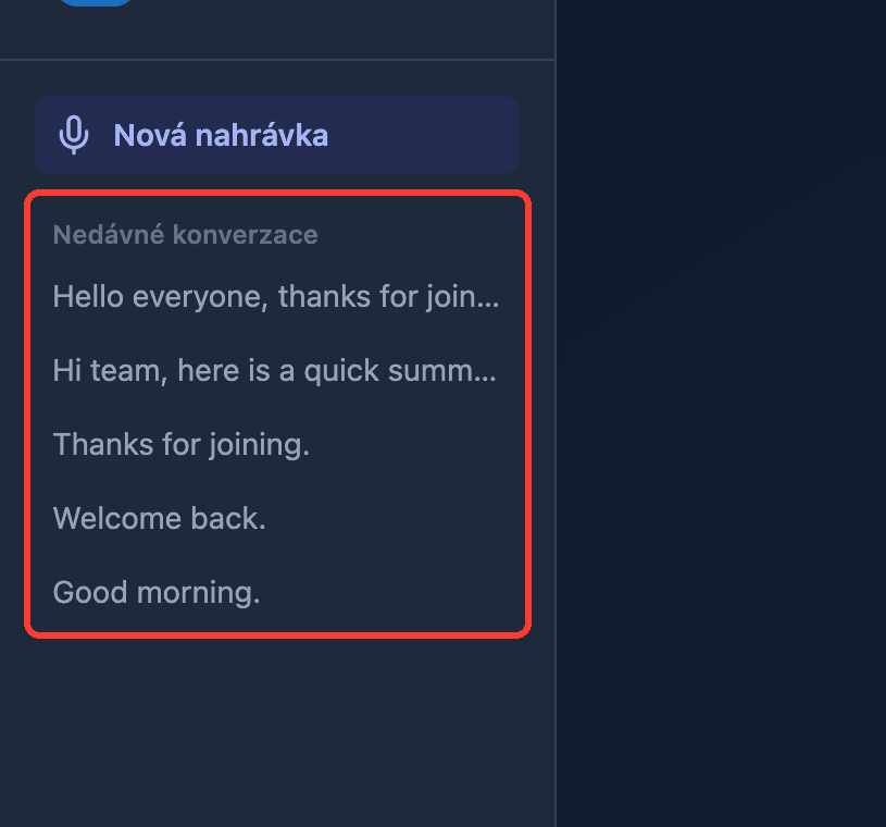 Zoomed view of the Recent Conversations list in the Whisperr Web App sidebar