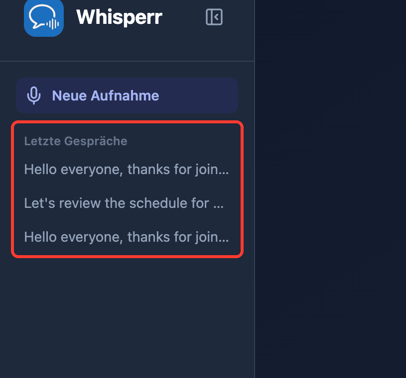 Zoomed view of the Recent Conversations list in the Whisperr Web App sidebar