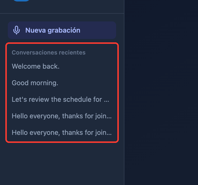 Zoomed view of the Recent Conversations list in the Whisperr Web App sidebar