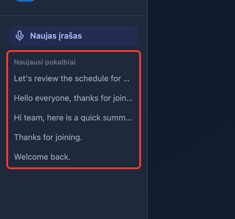 Zoomed view of the Recent Conversations list in the Whisperr Web App sidebar