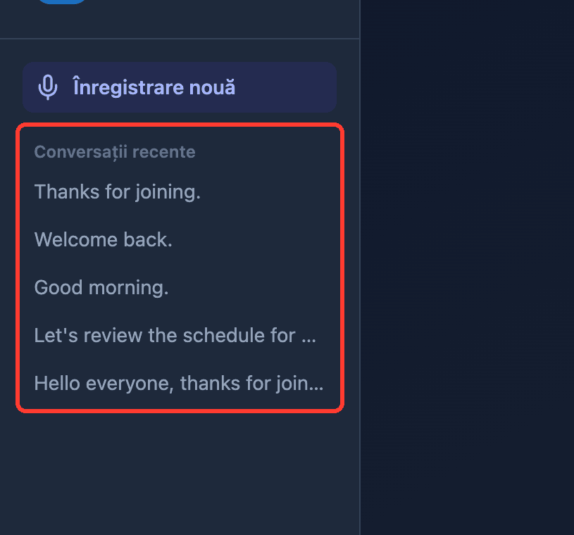 Zoomed view of the Recent Conversations list in the Whisperr Web App sidebar