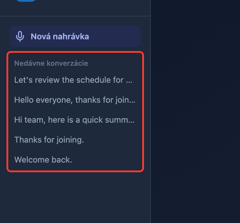 Zoomed view of the Recent Conversations list in the Whisperr Web App sidebar