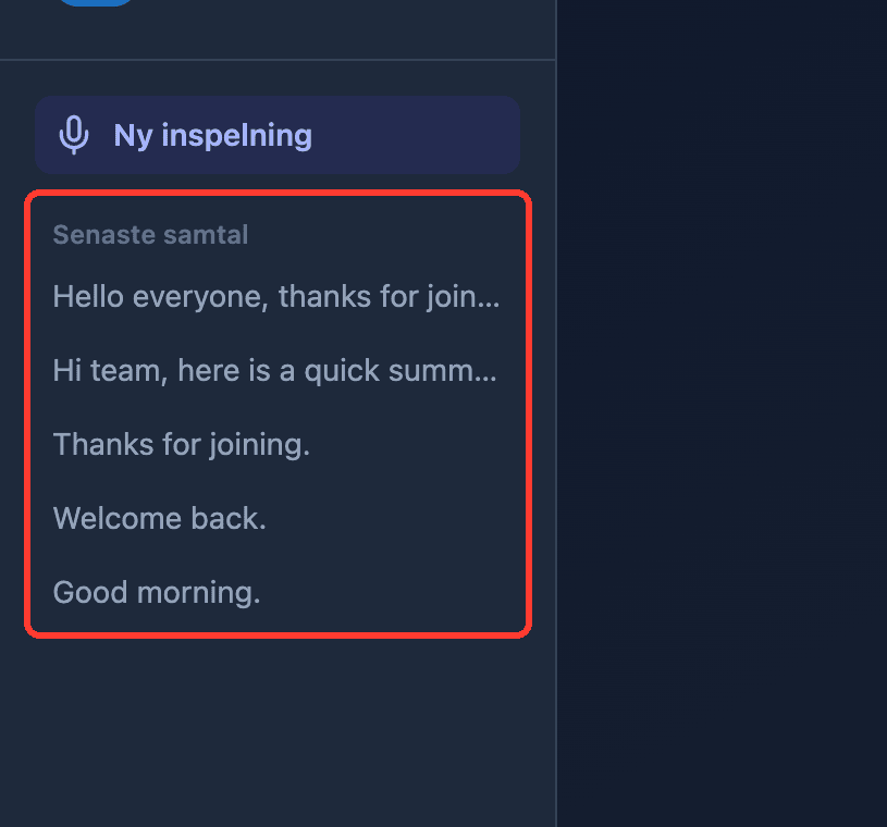 Zoomed view of the Recent Conversations list in the Whisperr Web App sidebar