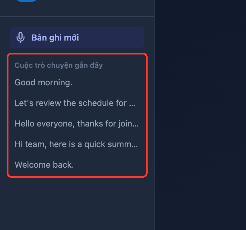 Zoomed view of the Recent Conversations list in the Whisperr Web App sidebar