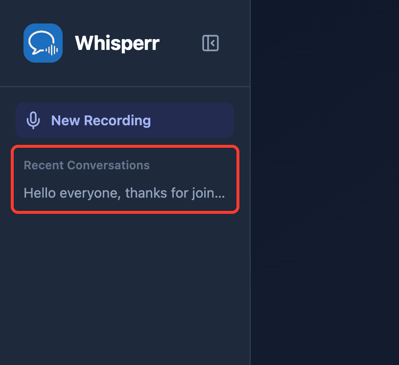 Zoomed view of the Recent Conversations list in the Whisperr Web App sidebar
