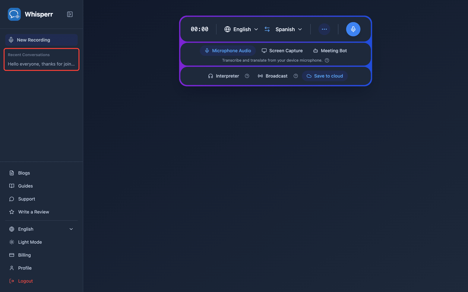 A saved conversation listed under Recent Conversations in the Whisperr Web App sidebar